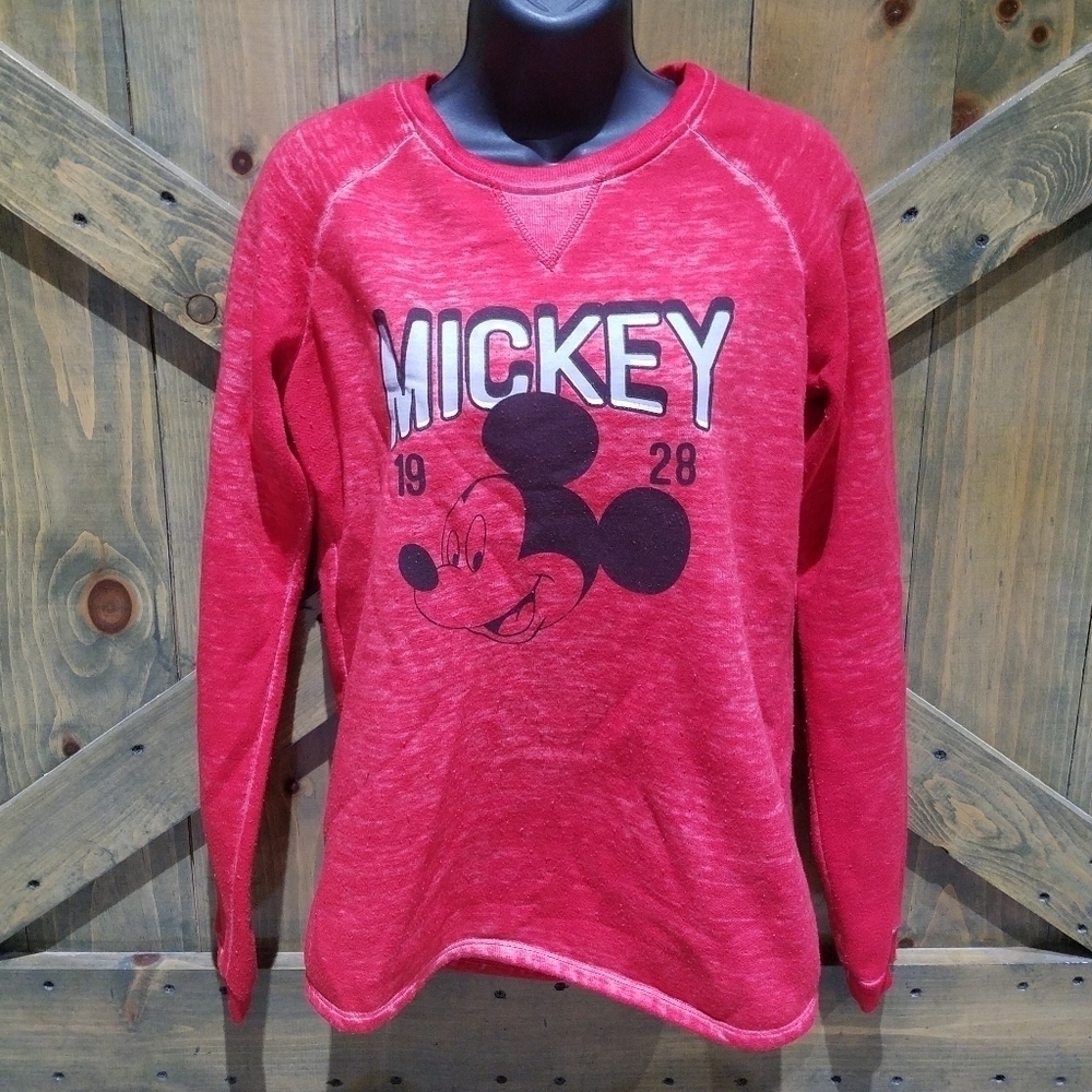 DISNEY MICKEY MOUSE RED BURNOUT SWEATSHIRT HAPPIEST PLACE ON EARTH